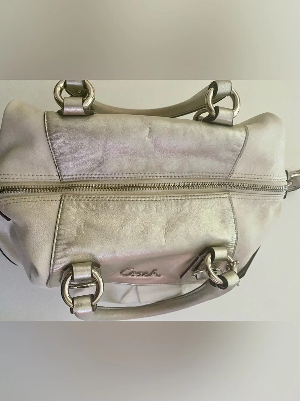 Coach Ashley Cream/Silver Leather Satchel with Convertible Straps